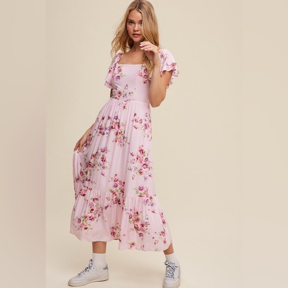 Pink Blush Floral Print Square Neck Ruffle Sleeve Dress